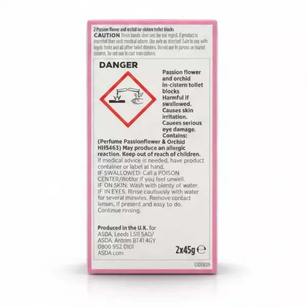 Product caution and usage instructions on the back of the ASDA toilet blocks packaging