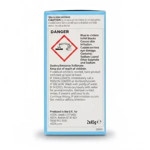 Back packaging of ASDA blue toilet in cistern blocks with caution and usage info