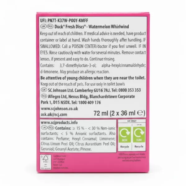 Back of Duck Fresh Discs Watermelon Whirlwind box with usage warnings