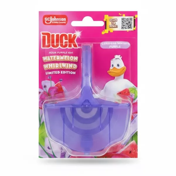 Duck Aqua Purple 4in1 Toilet Rimblock packaging front showing purple rimblock product and character