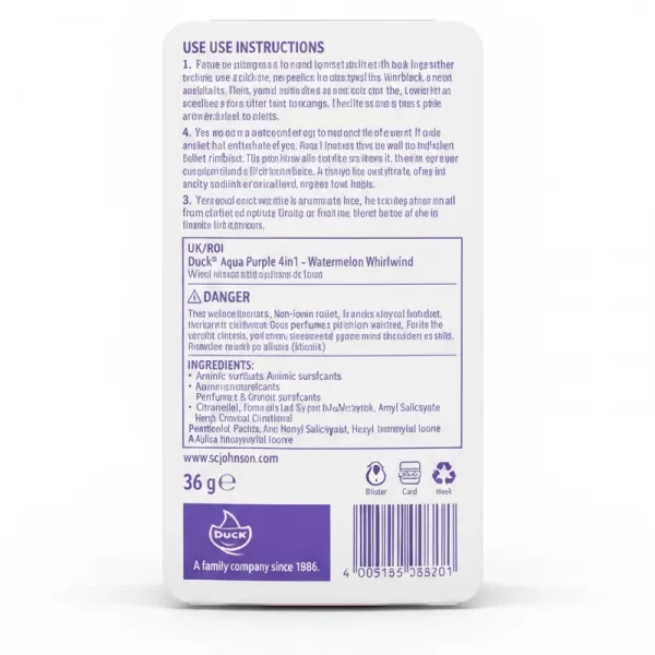 Duck Aqua Purple 4in1 Toilet Rimblock packaging back with product instructions and ingredients