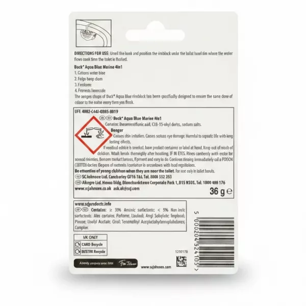 Duck Aqua Blue Marine toilet rimblock packaging back showing instructions and ingredients