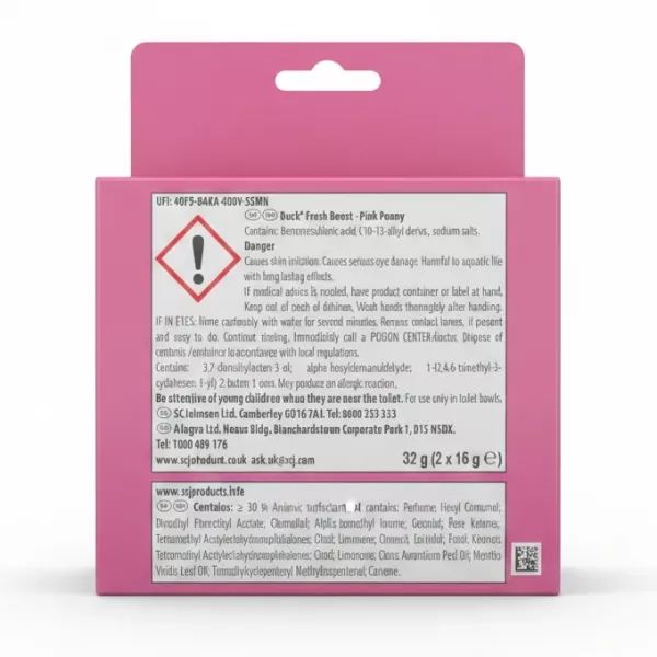 Back label of Duck Fresh Boost Pink Peony showing ingredients and warnings
