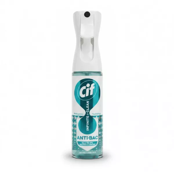 Cif Infinite+Clean Anti-Bac spray bottle front view held in hand