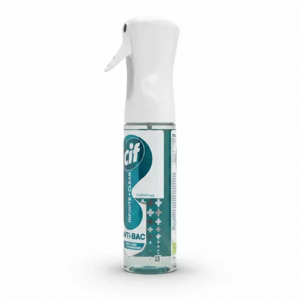 Cif Infinite+Clean Anti-Bac spray bottle side view showing label