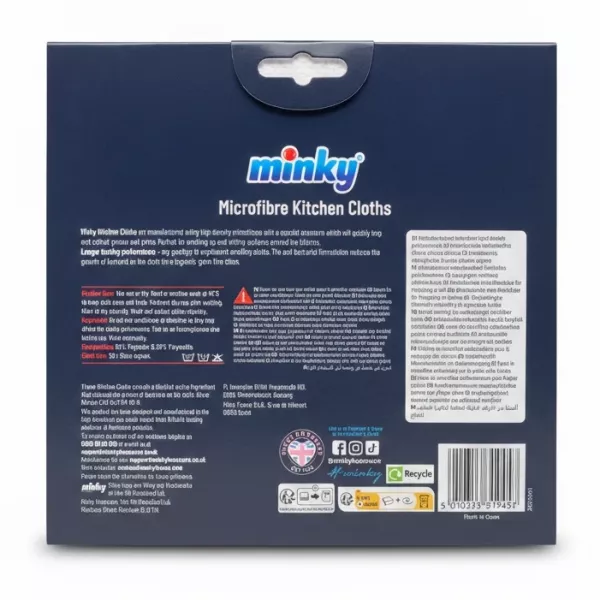 Back packaging of Minky Microfibre Kitchen Cloths with care instructions and product details