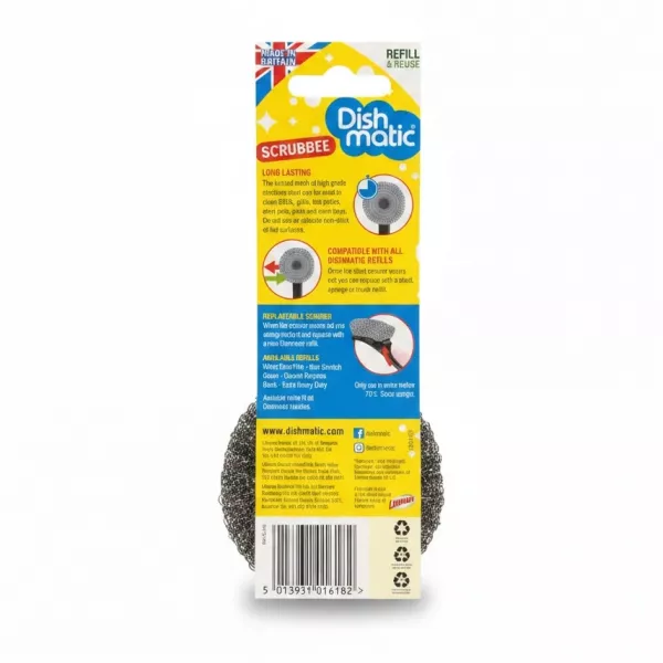 Dishmatic Scrubbee product packaging showing features and barcode