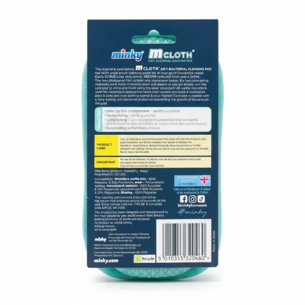 Minky Anti-Bacterial Cleaning Pad back with product care and ingredient details
