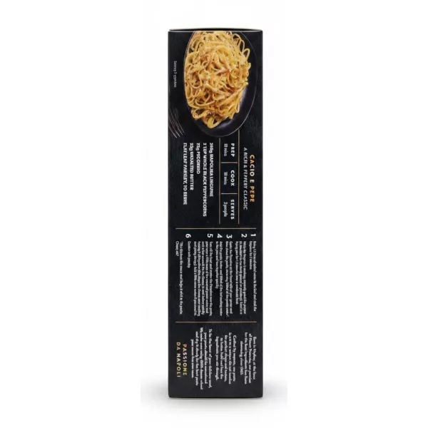 Serving suggestion of Napolina Linguine with Cacio e Pepe recipe on black plate