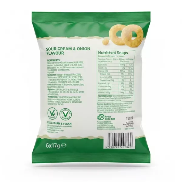 Back view of Harvest Snaps Lentil Rings packaging showing nutritional info