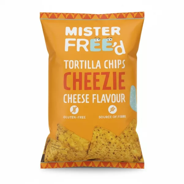 Mister Freed Cheezie Cheese Flavour tortilla chips front packaging bright orange bag