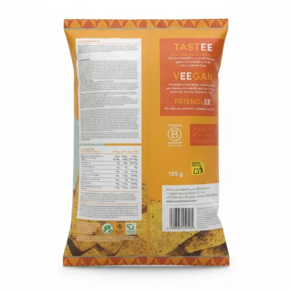Back packaging of Mister Freed Cheezie Cheese Flavour tortilla chips showing ingredients and nutritional info