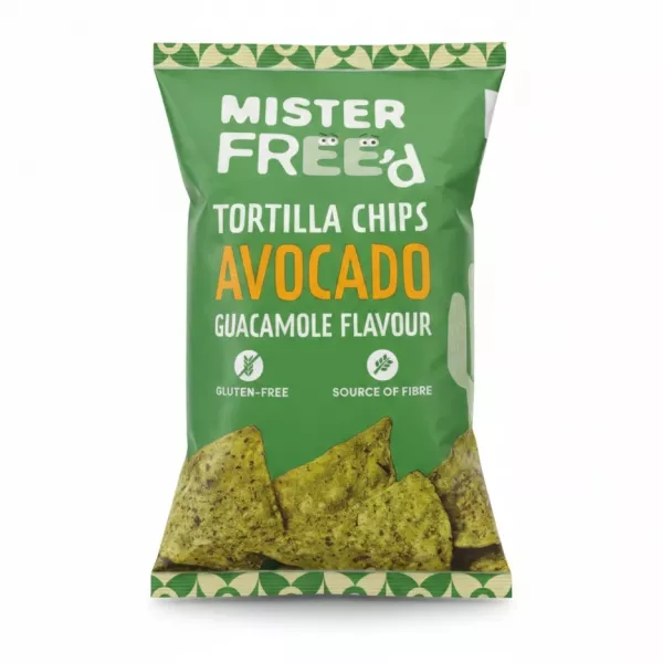 Mister Free'd Avocado Guacamole Tortilla Chips front packaging showing product name and key features