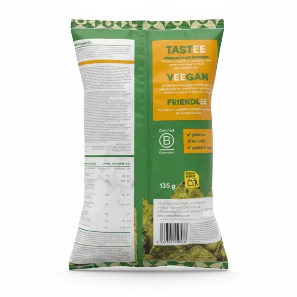 Back packaging of Mister Free'd Avocado Guacamole Tortilla Chips highlighting vegan, gluten-free and ingredient claims