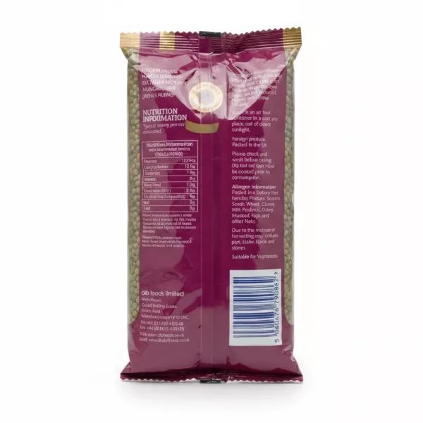 Back view of Indus mung beans packet with nutritional and allergen information