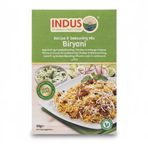 Indus Biryani Recipe & Seasoning Mix box front with biryani dish