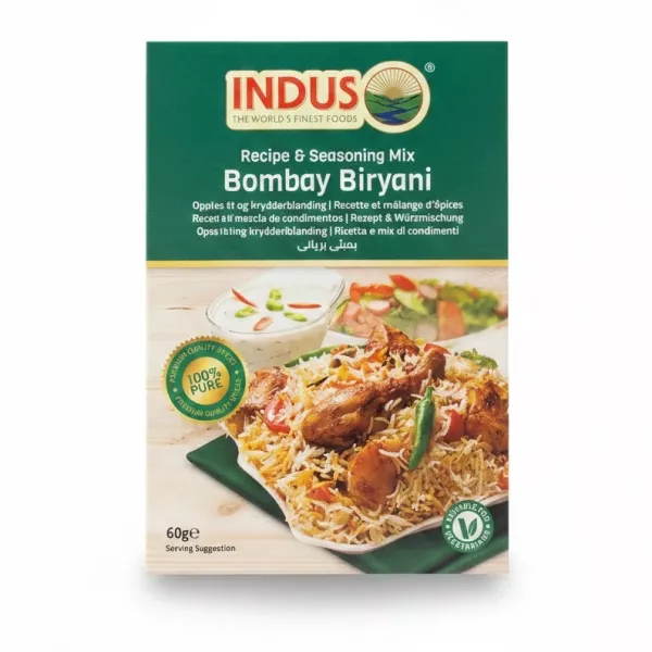 Indus Bombay Biryani Recipe & Seasoning Mix box front with biryani dish and bowls