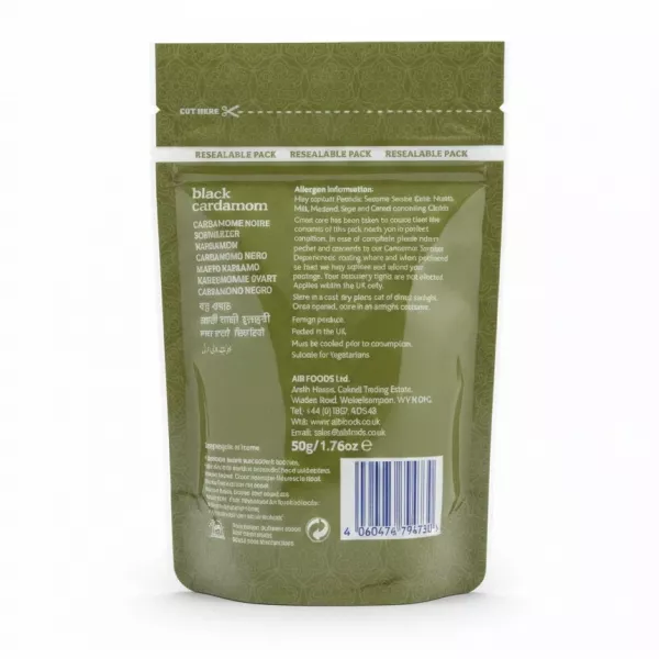 Indus black cardamom resealable pack back with information