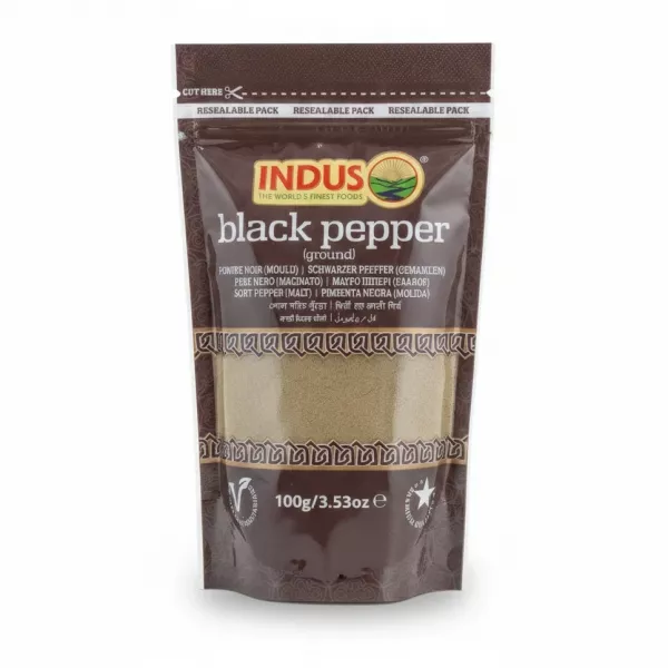 Indus Ground Black Pepper resealable pouch showing front label