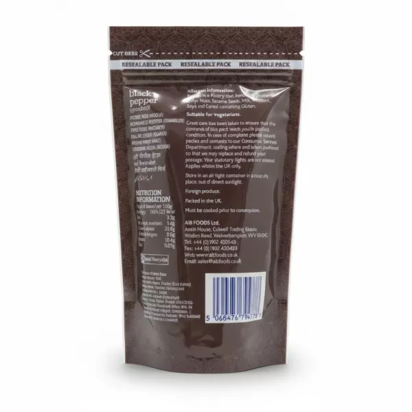 Back label of Indus Ground Black Pepper with allergen and nutritional information