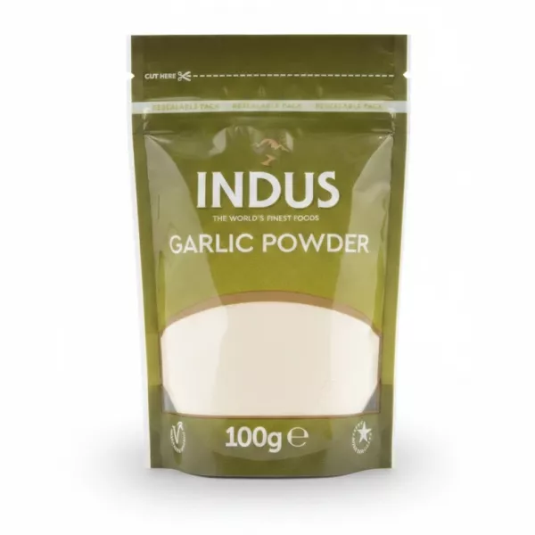 Indus brand garlic powder 100g resealable pack front view