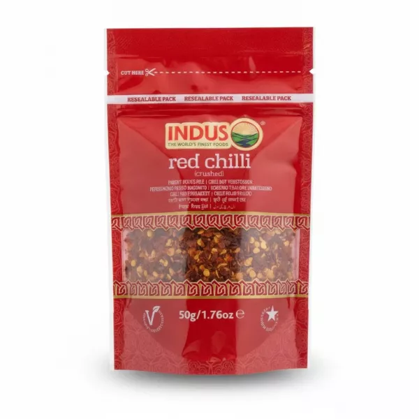 Indus branded red crushed chilli flakes in resealable red packet
