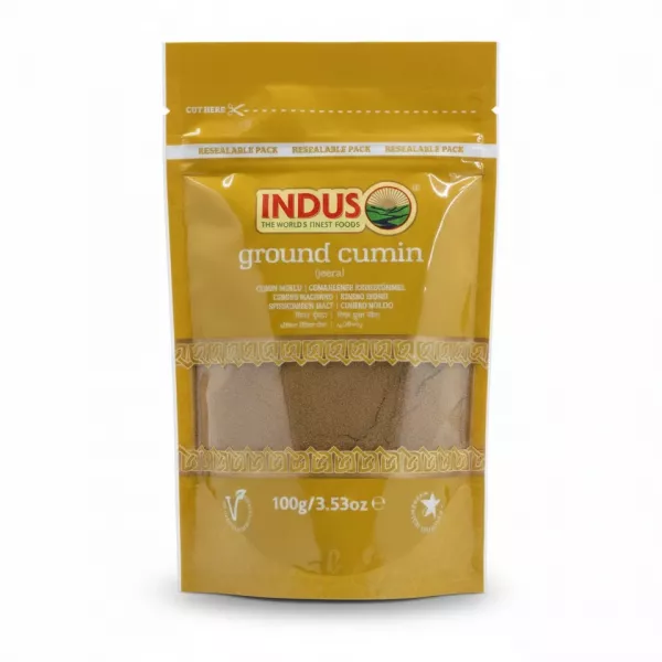 Indus brand packet of ground cumin with resealable closure in mustard yellow packaging