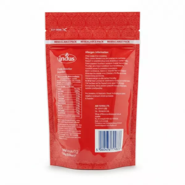 Back view of Indus chilli powder pack displaying nutritional info and barcode