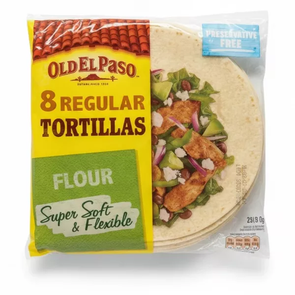 Pack of eight Old El Paso regular flour tortillas in yellow and green packaging