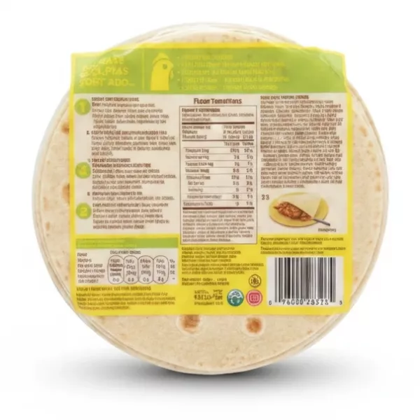 Back of Old El Paso tortillas pack showing cooking instructions and nutrition facts