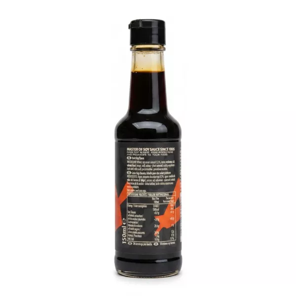 Back label of Amoy Dark Soy Sauce detailing ingredients and nutritional facts