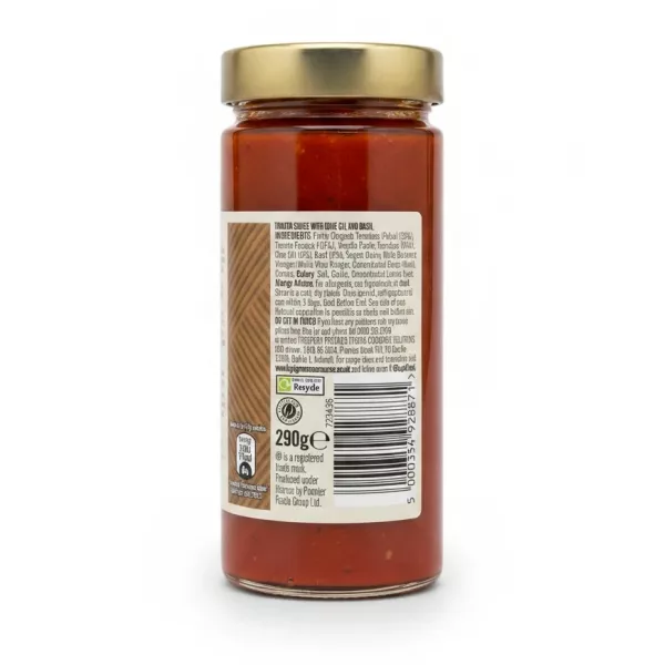 Back label with ingredients and barcode of Loyd Grossman sauce