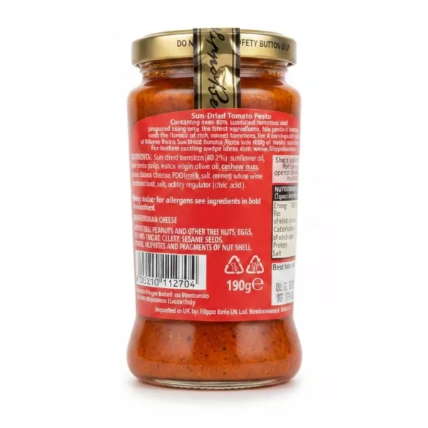 Filippo Berio Sun Dried Tomato Pesto ingredients and allergy label