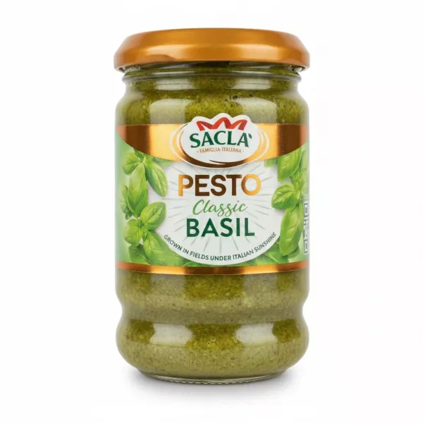 Jar of Sacla Classic Basil Pesto held by hand showing front label