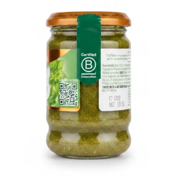 Jar of Sacla Classic Basil Pesto showing back label with ingredients and certifications