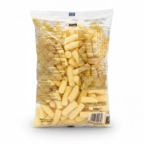 Backpack of Gusto Cheese Corn Puffs showing nutritional information and ingredients