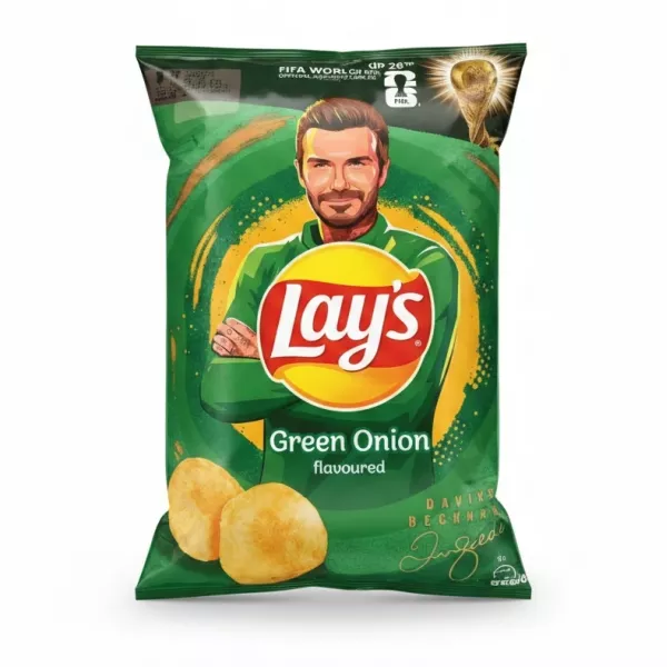 Front view of Lay's Green Onion crisps packet with FIFA World Cup 26th sponsor branding