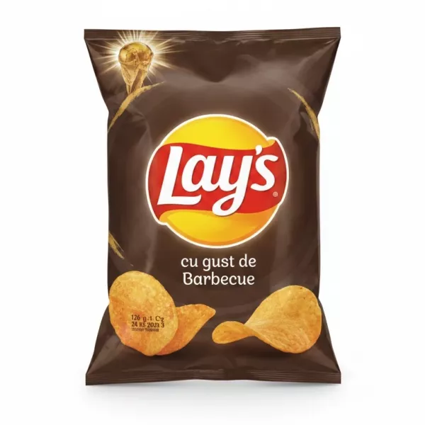 Front view of Lay's Barbecue flavour potato chips packet