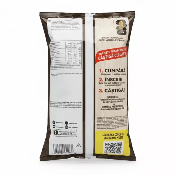 Back view of Lay's Barbecue flavour potato chips packet showing nutritional info and promotional text
