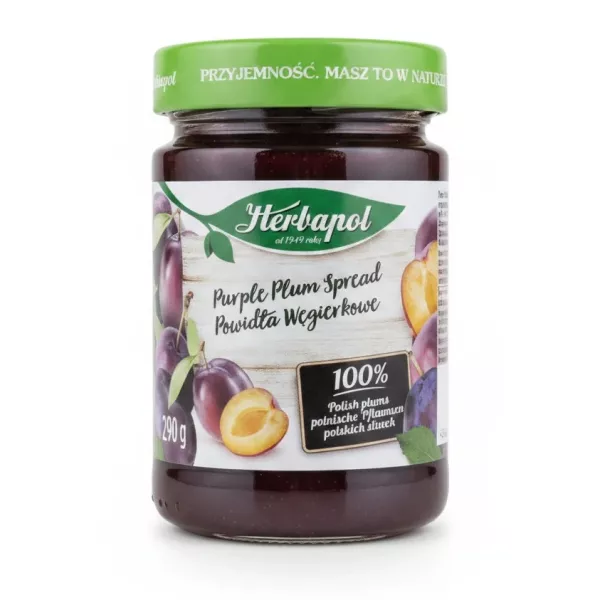 Jar of Herbapol Purple Plum Spread with purple plum illustration on label