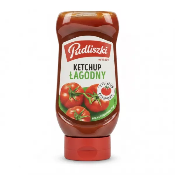 Pudliszki Mild Tomato Ketchup front label with tomatoes