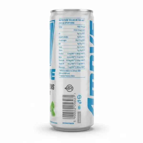Nutrition facts and barcode on back of 4MOVE drink can