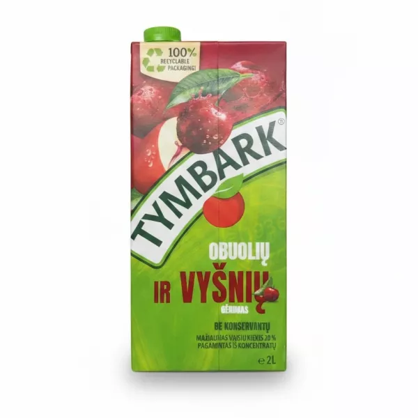 Side view of Tymbark Apple Cherry Drink carton showing brand and fruit images