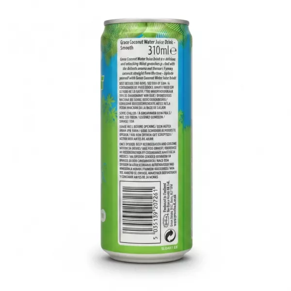 Back label of Grace Coconut Water Smooth 310ml including product details and barcode