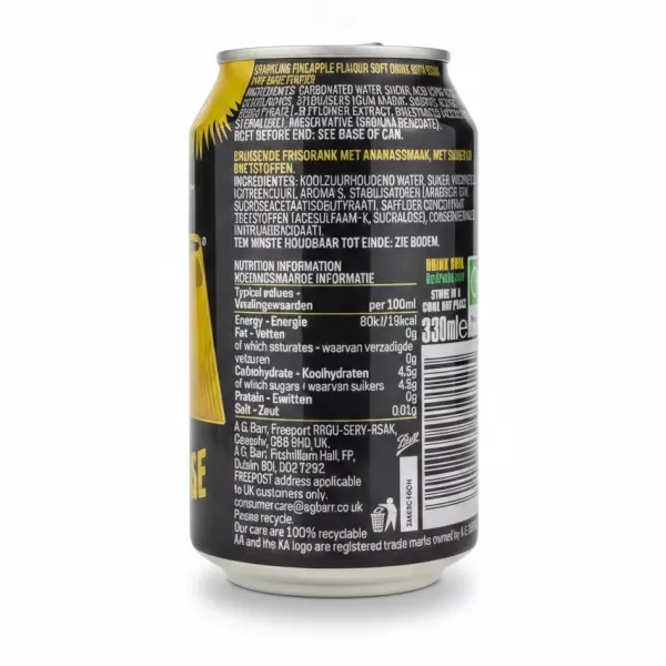 Back label of KA Sparkling Pineapple can showing ingredients and nutrition info