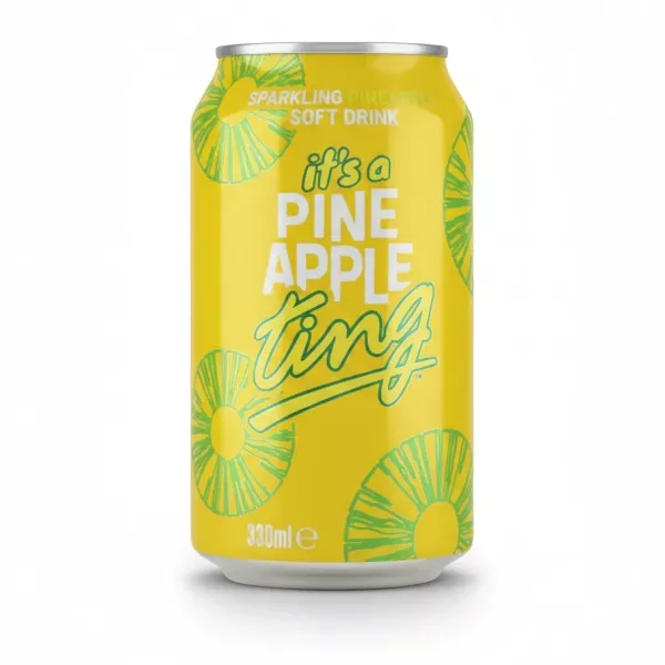 Jamaica Ting sparkling pineapple soft drink can, yellow with green pineapple illustrations