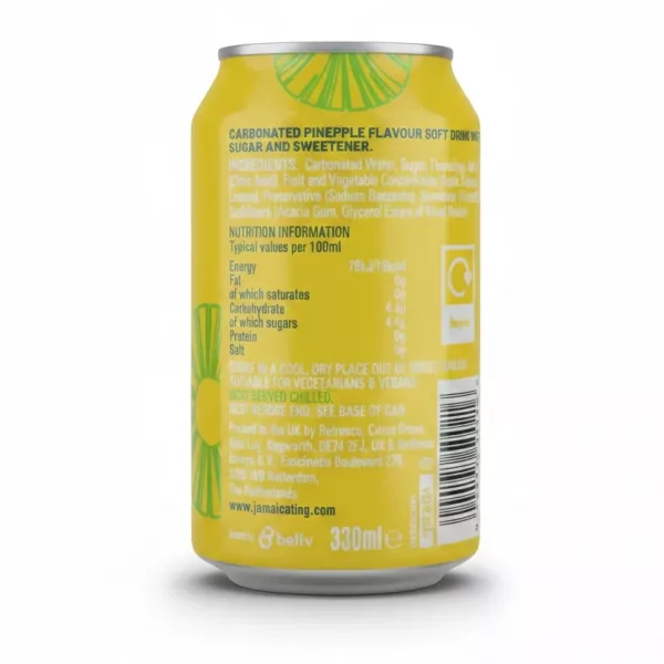 Back label of Jamaica Ting can showing ingredients and nutrition information