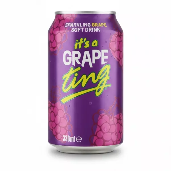 330ml can of Jamaica Ting sparkling grape soft drink with purple design and grape illustrations