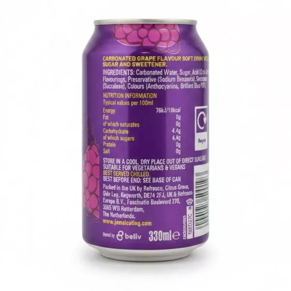 Back view of Jamaica Ting can showing ingredients and nutritional information in yellow text on purple background