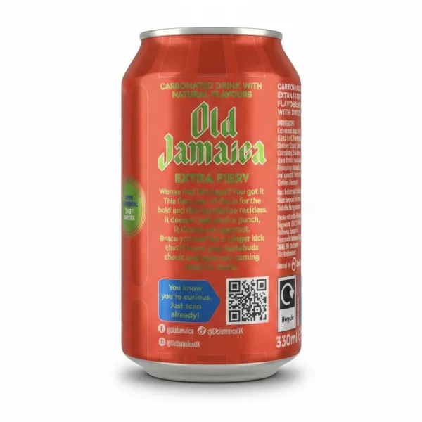 Back view of Old Jamaica ginger beer can showing product description and social media info